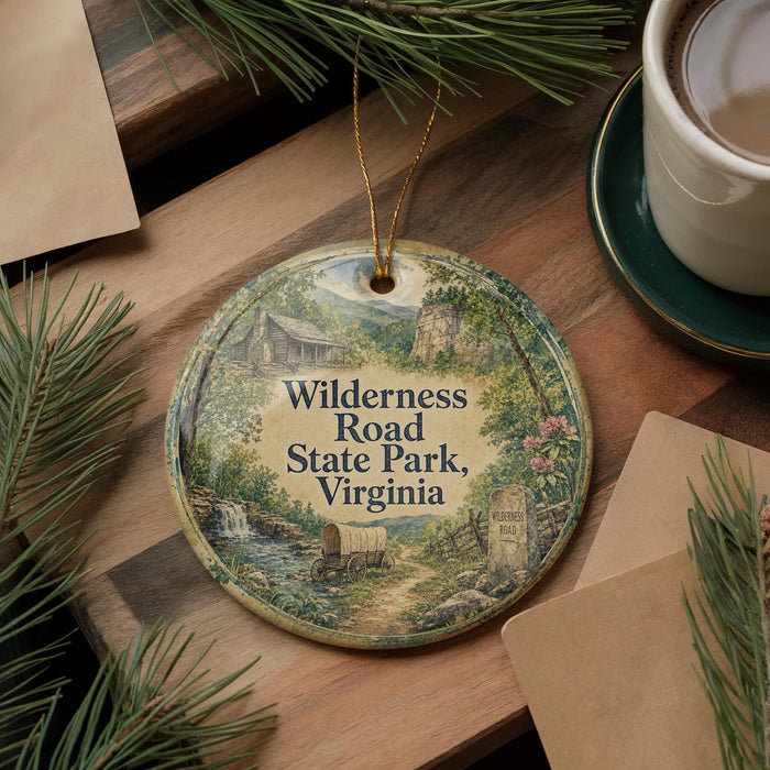 A round ornament with a scenic illustration of Wilderness Road State Park, Virginia, hanging on a wooden surface.