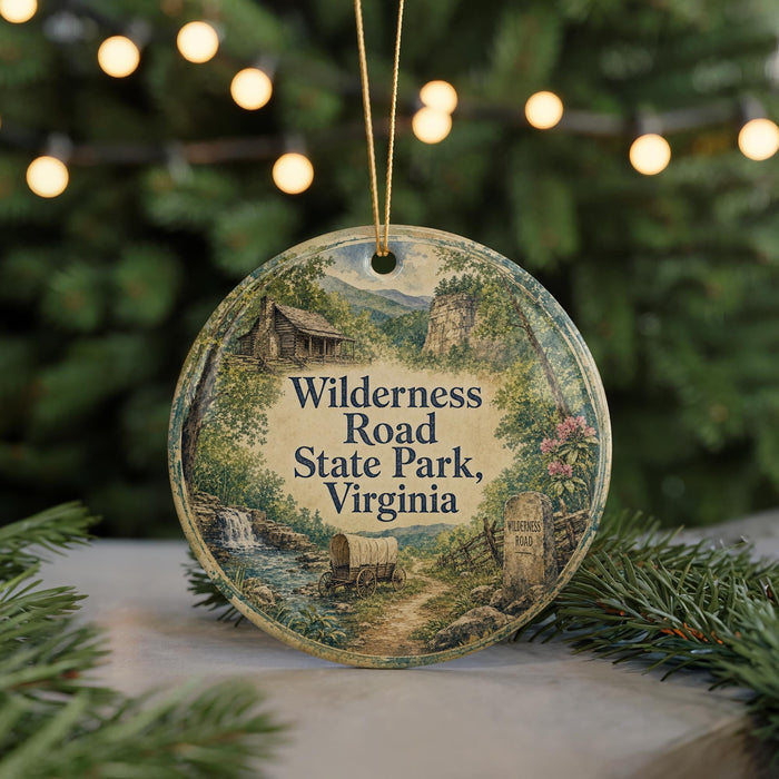 A round ornament with a scenic illustration of Wilderness Road State Park, Virginia, featuring a cabin, a path, and a waterfall.