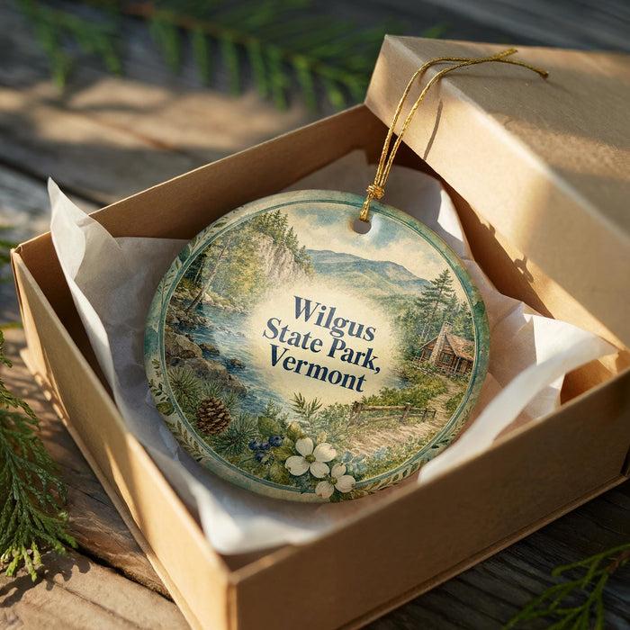 A decorative ornament in a box, featuring a scenic landscape with mountains, pine trees, and a cabin, with the text "Wilgus State Park, Vermont" printed on it.