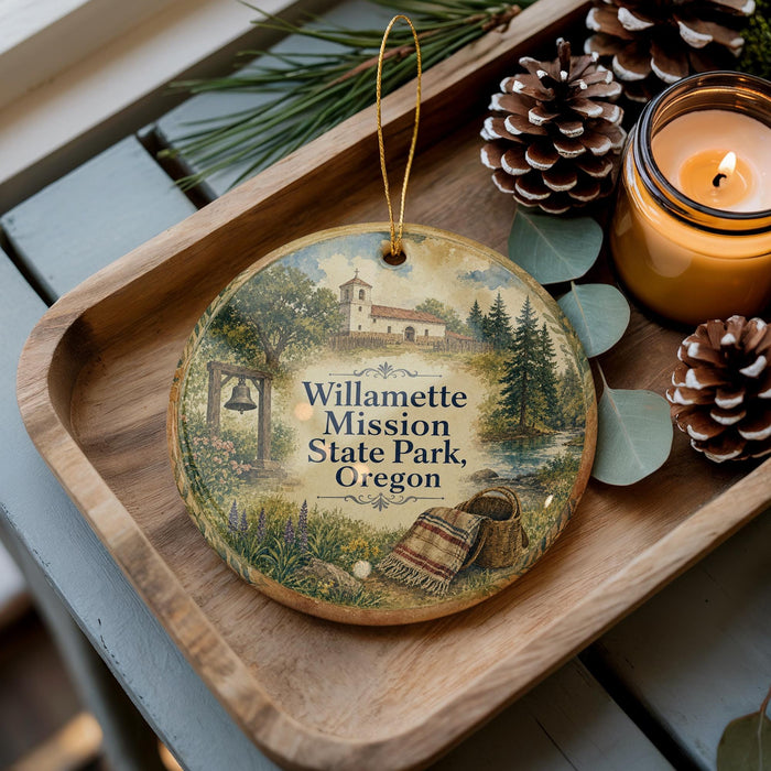 A wooden tray with a decorative ornament featuring a scenic landscape of Willamette Mission State Park, Oregon, and pine cones.