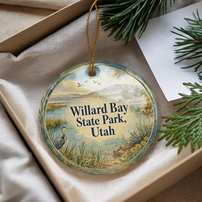 A round ornament with a scenic image of Willard Bay State Park, Utah, hanging from a string.