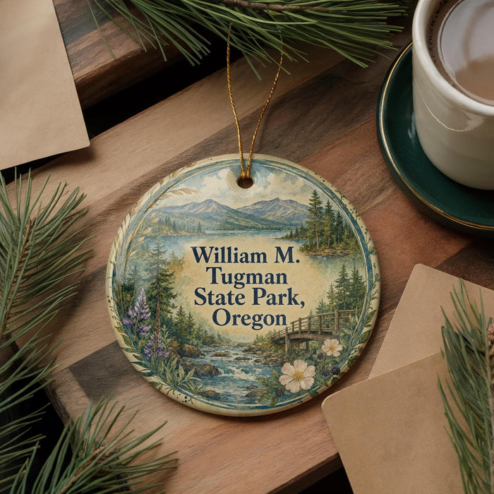 A round ornament with a scenic landscape of William M. Tugman State Park, Oregon, featuring a river, mountains, and pine trees.