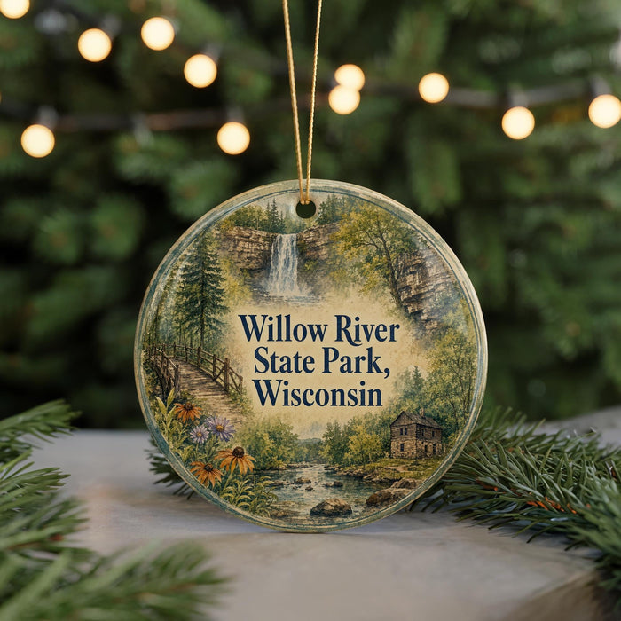 A round ornament with a scenic image of Willow River State Park, Wisconsin, hanging from a string.