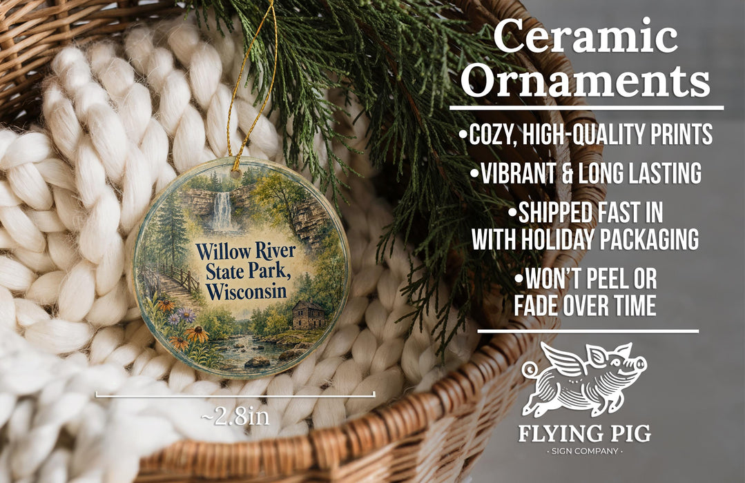 Ceramic ornaments, featuring a ceramic ornament with a scenic image of the Willow River State Park, Wisconsin, hanging from a wicker basket.