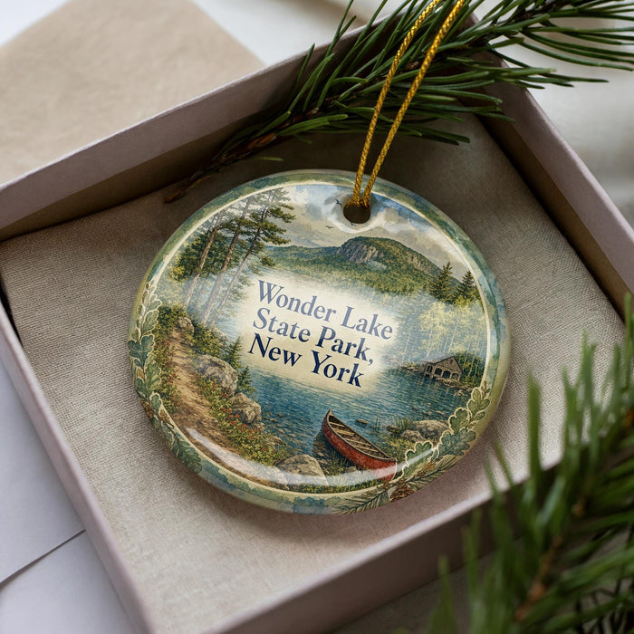 A decorative ornament with a scenic image of Wonder Lake State Park in New York, featuring a canoe and a mountain landscape.