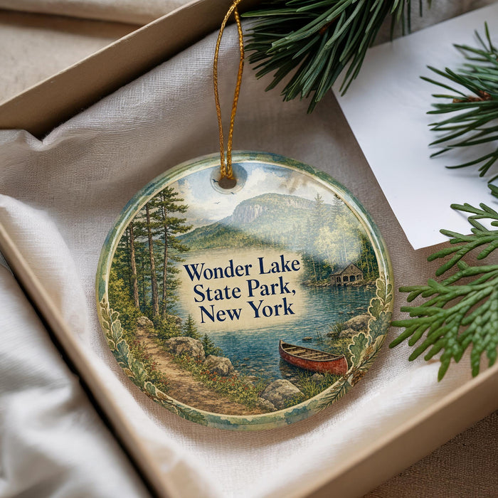 A decorative ornament with a scenic image of Wonder Lake State Park, New York, hanging from a string.