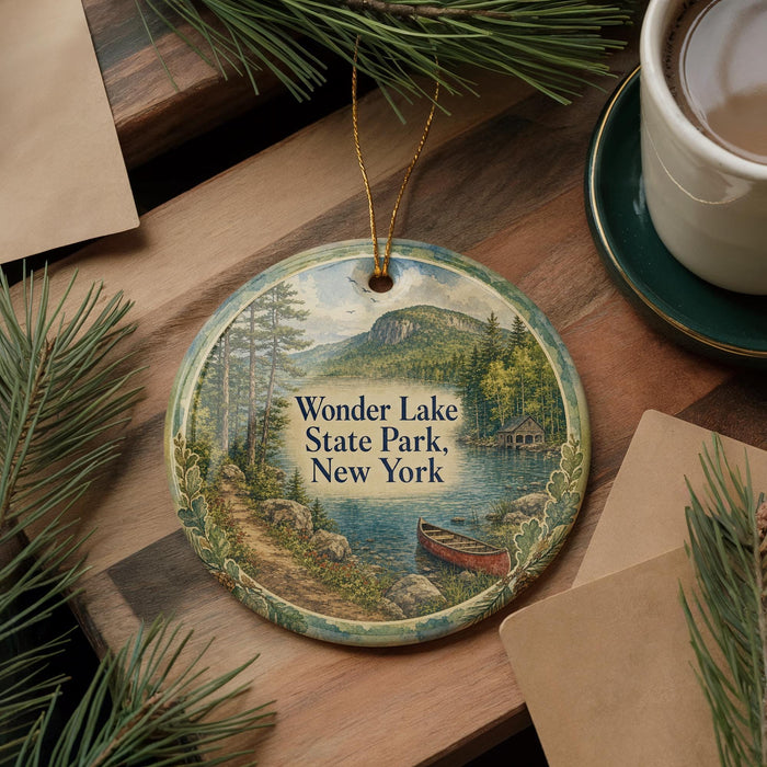A decorative ornament featuring a scenic landscape of Wonder Lake State Park, New York, with a canoe on the lake and pine trees in the background.