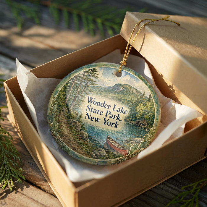 A round ornament in a box, featuring a scenic landscape with a lake, mountains, and a boat, with the text "Wonder Lake State Park, New York" printed on it.