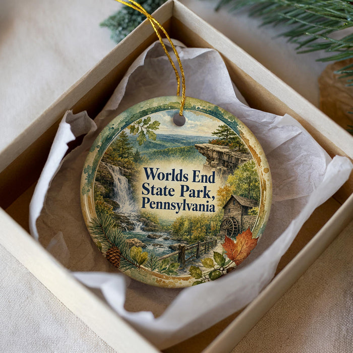 A decorative ornament in a box, featuring a scenic landscape with a waterfall, pine trees, and a bridge.