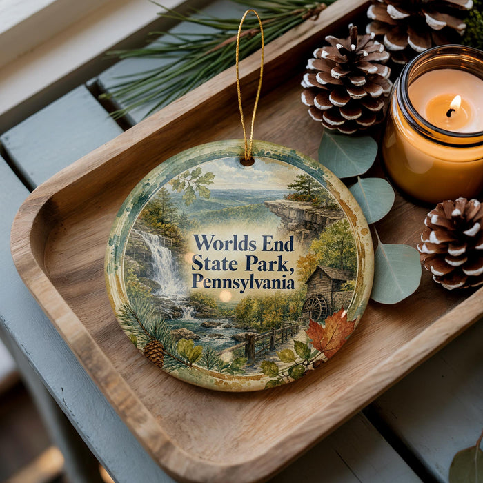 A decorative ornament featuring a scenic image of World's End State Park, Pennsylvania, with pine cones and a lit candle on a wooden tray.