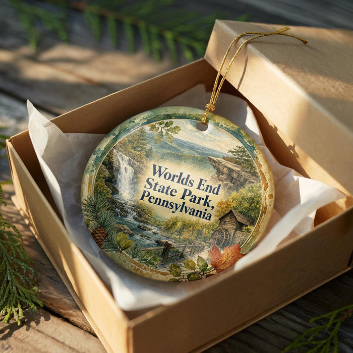 A decorative ornament in a wooden box, featuring a scenic landscape with a waterfall and foliage.
