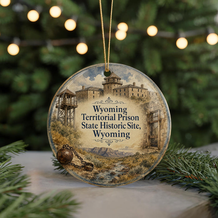 A circular ornament with a picture of a historic building and a chain, surrounded by greenery and twinkling lights.