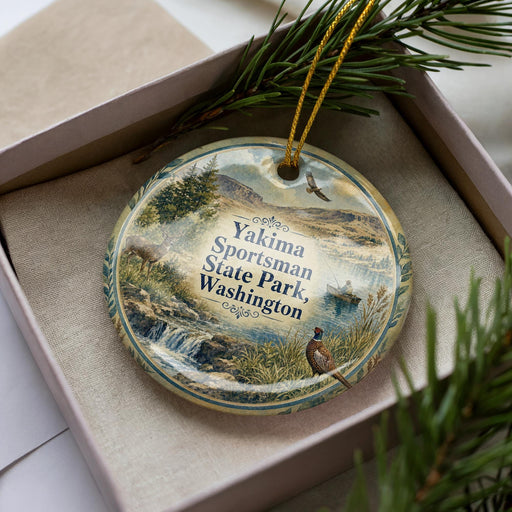 A decorative ornament with a scenic landscape of Yakima, Washington State Park, and a pheasant in the foreground, placed in a box with pine branches.