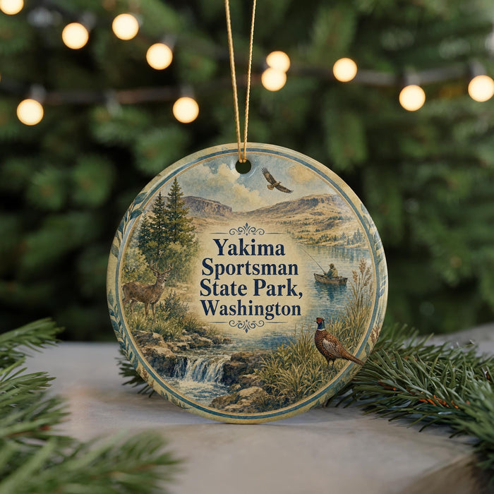 A circular ornament with a scenic landscape featuring a waterfall, pine trees, and wildlife, including a pheasant, is displayed in front of a blurred background with Christmas lights.