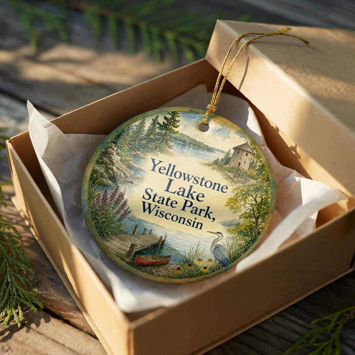 A decorative ornament in a wooden box, featuring a scenic landscape with a lake, a house, and a bird, along with the text "Yellowstone Lake State Park, Wisconsin".