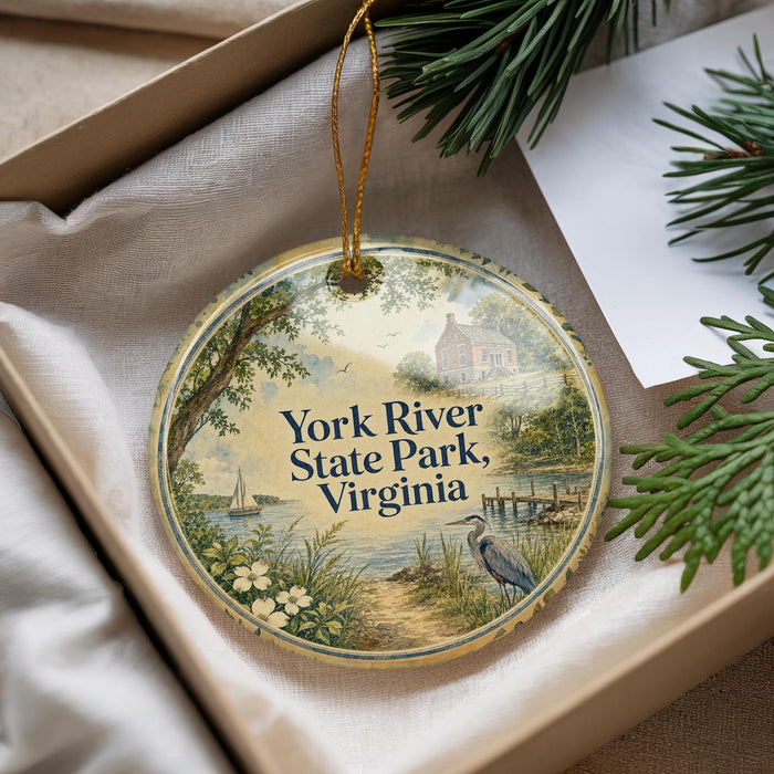A decorative ornament with a scenic image of York River State Park, Virginia, hanging from a string.