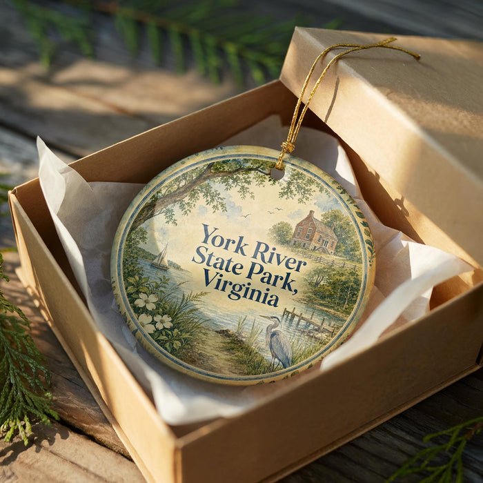A decorative ornament in a brown box, featuring a scenic image of York River State Park, Virginia.