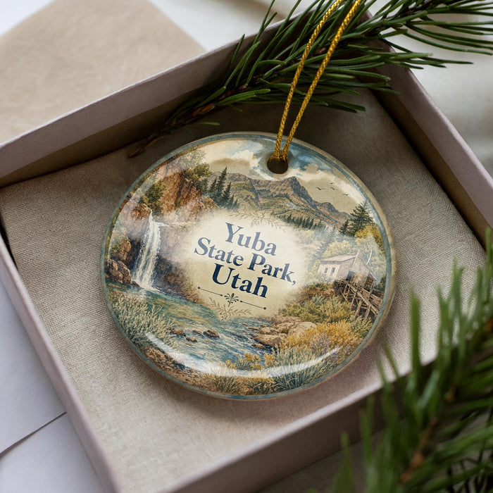 A decorative ornament with a scenic landscape of Yuba State Park, Utah, featuring a waterfall and mountains.