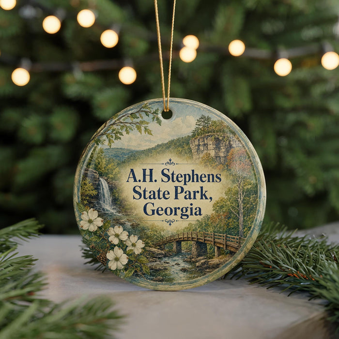 A round ornament with a scenic landscape featuring a waterfall, bridge, and trees, with the text "A.H. Stephens State Park, Georgia" displayed on it.