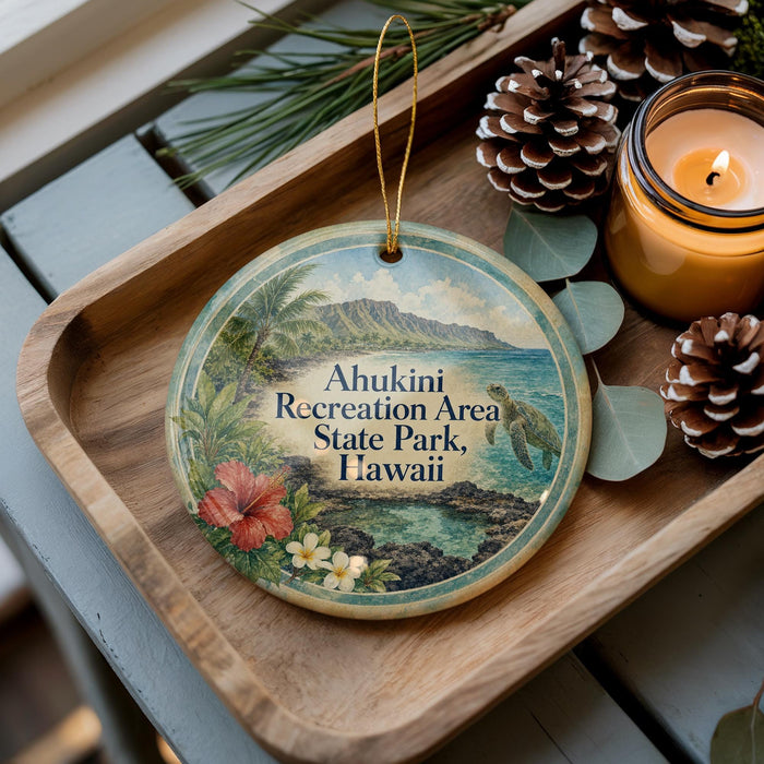 A decorative ornament with a tropical beach scene, featuring a hibiscus flower, pine cones, and a turtle, is displayed on a wooden tray alongside a lit candle and pine cones.