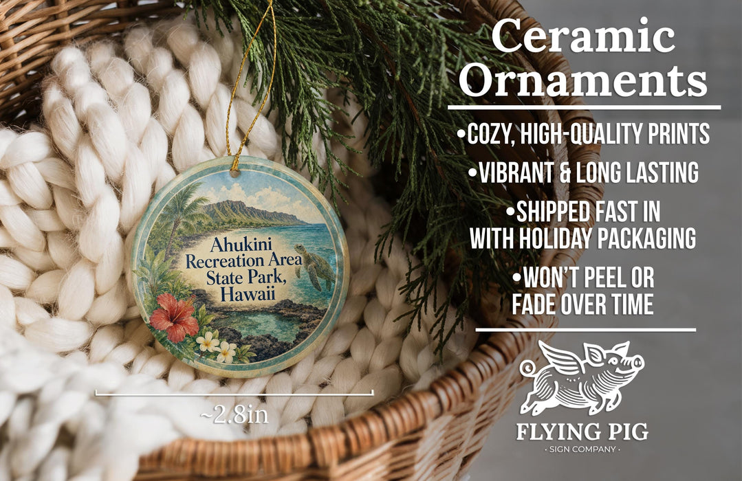Ceramic ornaments, featuring a tropical scene with a hibiscus flower and palm tree, are displayed in a woven basket.