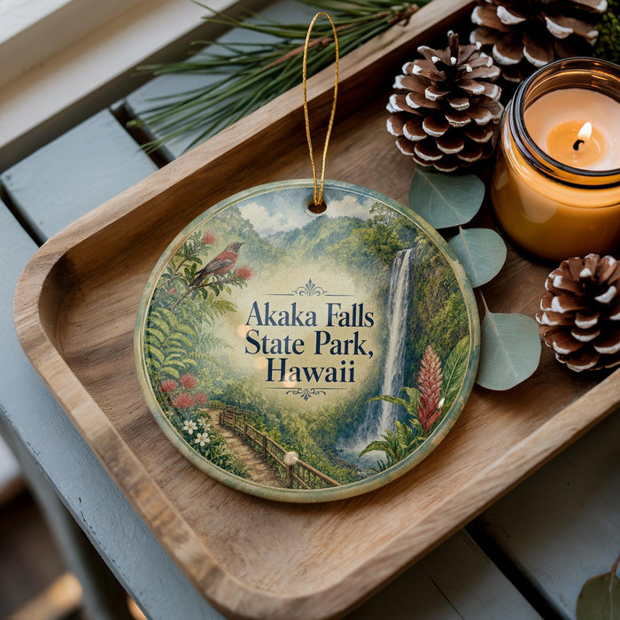 A wooden tray with a decorative ornament featuring a waterfall and lush greenery, along with pine cones and a lit candle.