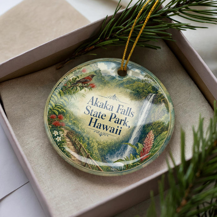 A decorative ornament with a waterfall and lush greenery, placed in a box with pine branches.