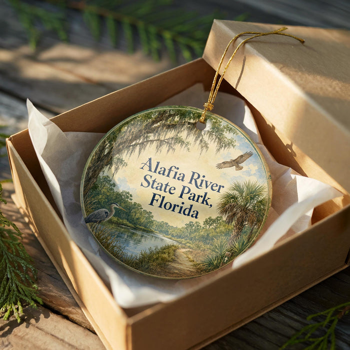 A circular ornament in a brown box, featuring a scenic image of the Alafia River State Park in Florida.