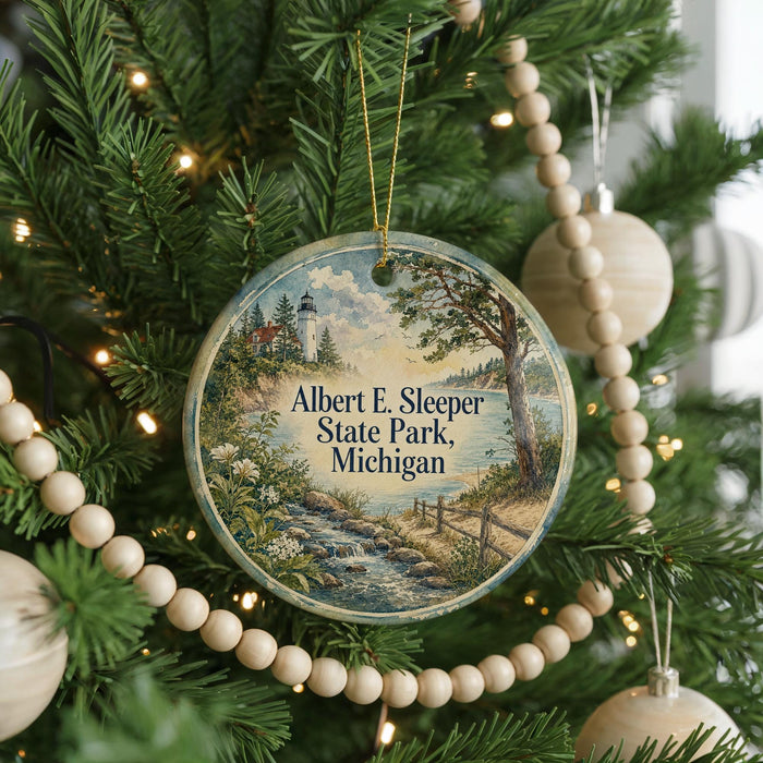 A round ornament on a Christmas tree, featuring a scenic landscape with a lighthouse and a river, with the text "Albert E. Sleeper State Park, Michigan" displayed on it.