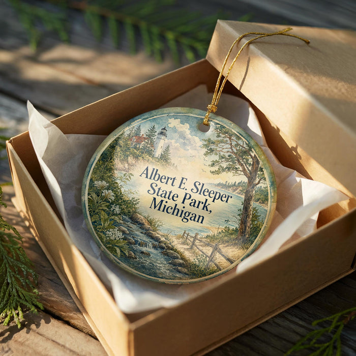 A round ornament in a box, featuring a scenic landscape with a lighthouse and a river, with the text "Albert E. sleeper State Park Michigan" printed on it.