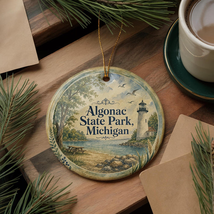A decorative ornament featuring a lighthouse and a scenic landscape, with the text "Algonac State Park, Michigan" prominently displayed.