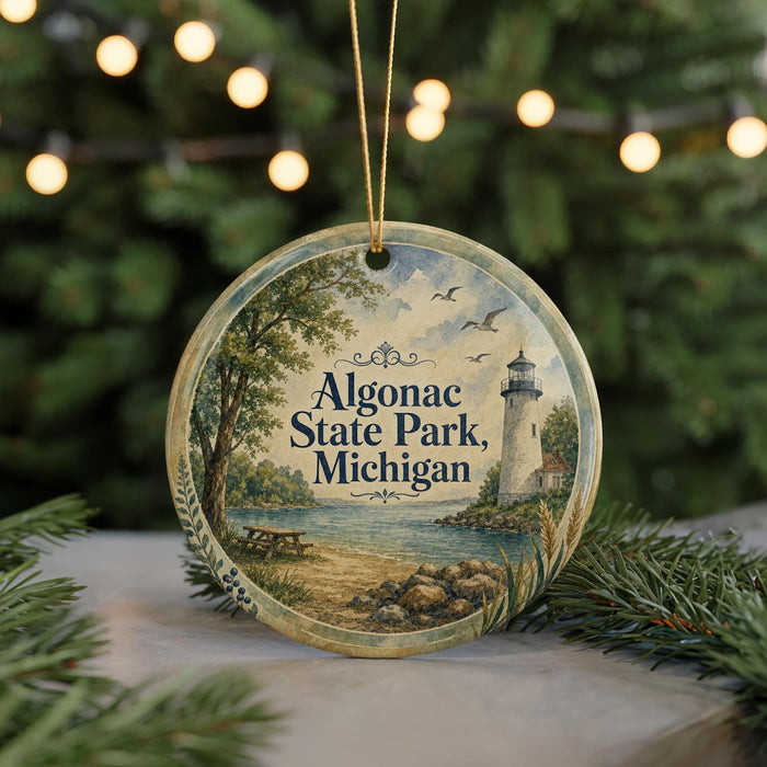A round ornament with a lighthouse and a picnic table, surrounded by greenery and a string of lights.
