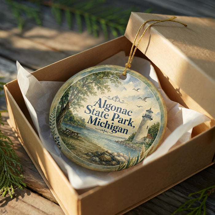 A decorative ornament in a wooden box, featuring a scenic landscape with a lighthouse and trees, with the text "Algonac State Park, Michigan" printed on it.