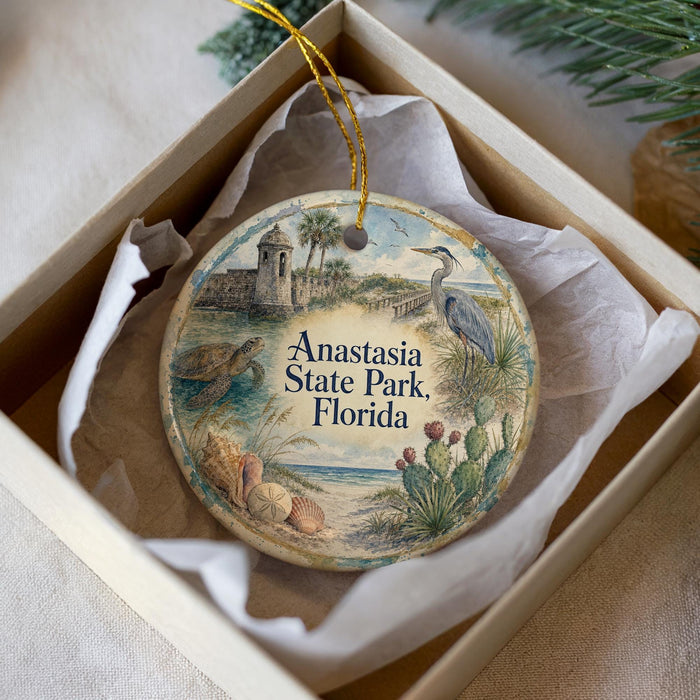 A decorative ornament in a box, featuring illustrations of a beach, palm trees, and a bird, with the text "Anastasia State Park, Florida" printed on it.