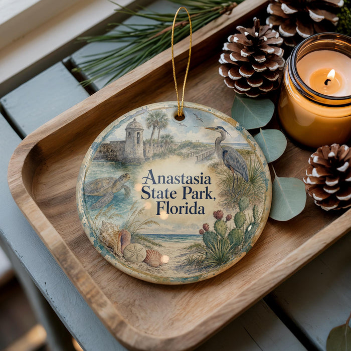 A decorative ornament featuring a beach scene with a bird, palm trees, and a castle, placed on a wooden tray next to a lit candle and pine cones.