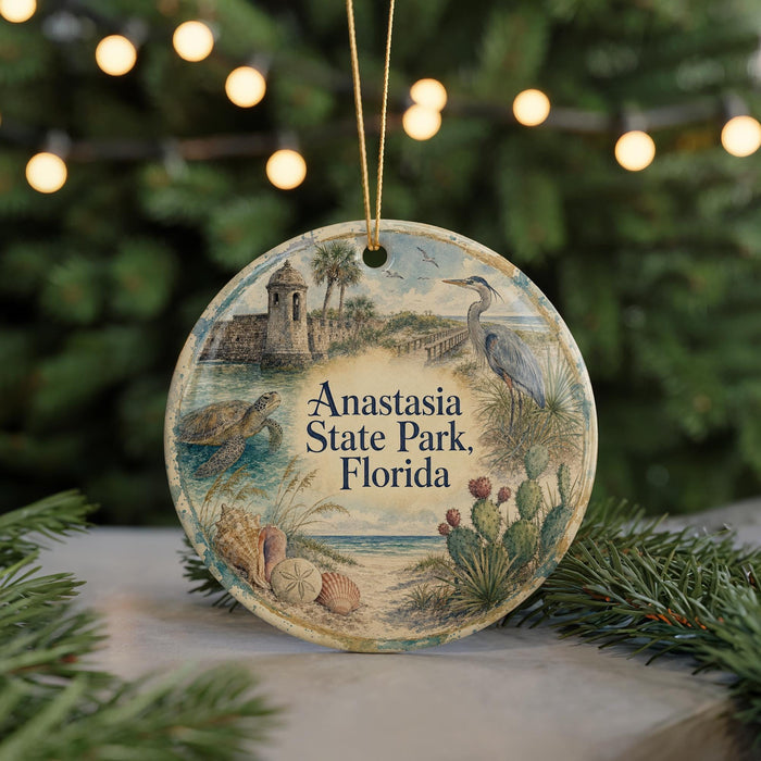 A round ornament with a beach scene and a bird, featuring the text "Anastasia State Park, Florida" on it, is displayed on a table with pine branches in the background.