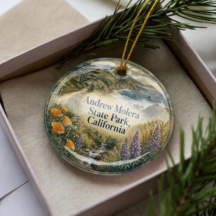 A decorative ornament in a box, featuring a scenic landscape with mountains, trees, and flowers, along with the text "Andrew Moles State Park, California".