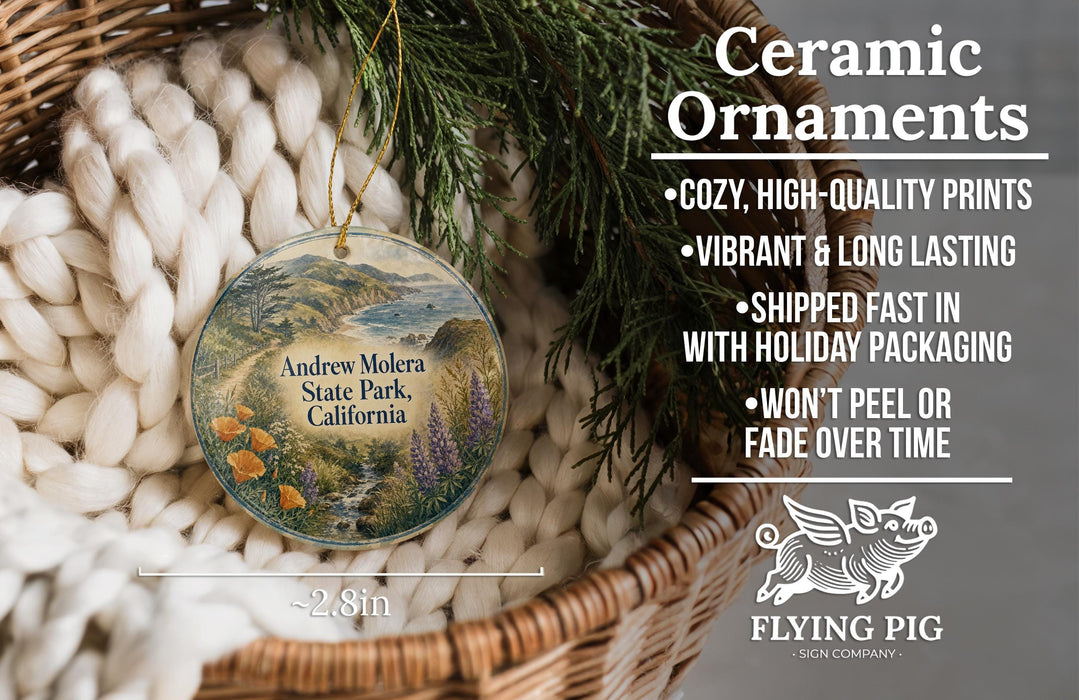 Ceramic ornaments, featuring a scenic landscape of Andrew Molesca State Park, California, hanging from a wicker basket.
