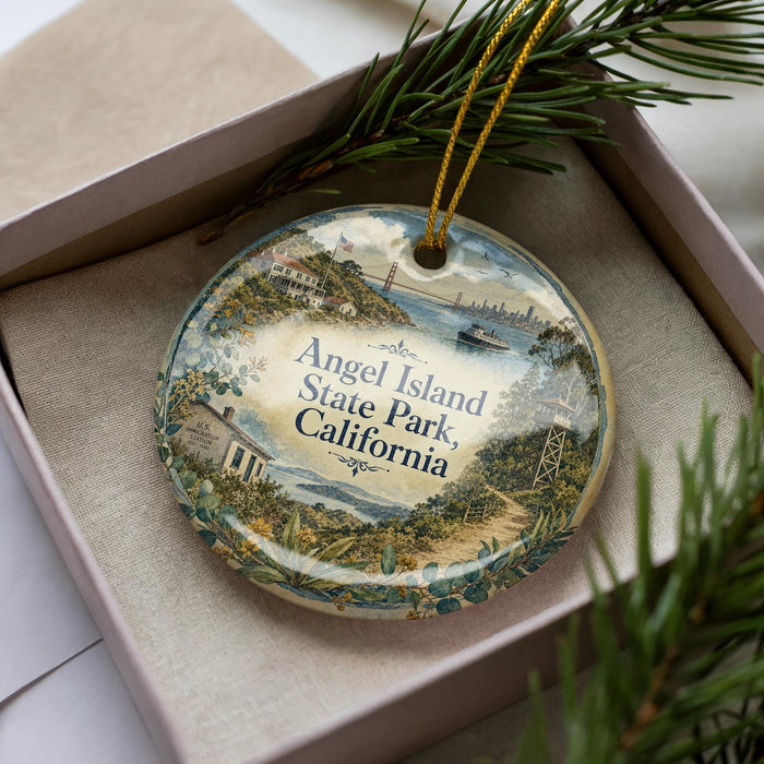 A decorative ornament in a box, featuring a scenic image of Angel Island, California.