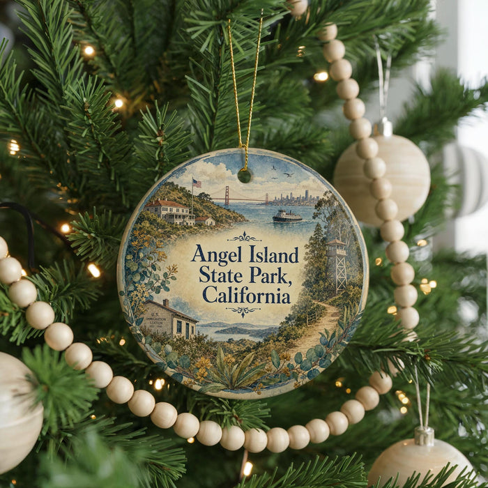 A round ornament hanging on a Christmas tree, featuring an illustration of Angel Island, California.