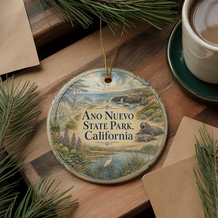 A decorative ornament with a scenic landscape of Ano Nuevo State Park, California, featuring a bird, a bear, and a body of water.