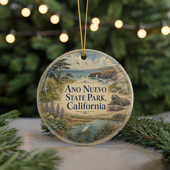 A circular ornament with a scenic landscape of Ano Nuevo State Park, California, featuring a bird, a seal, and a body of water.