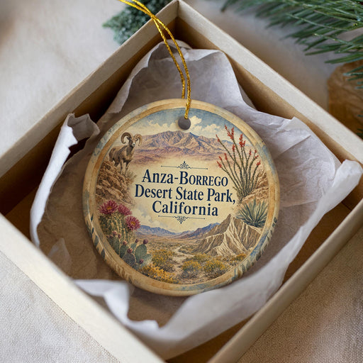 A decorative ornament in a box, featuring a desert landscape with a mountain range, cactus, and a bighorn sheep.
