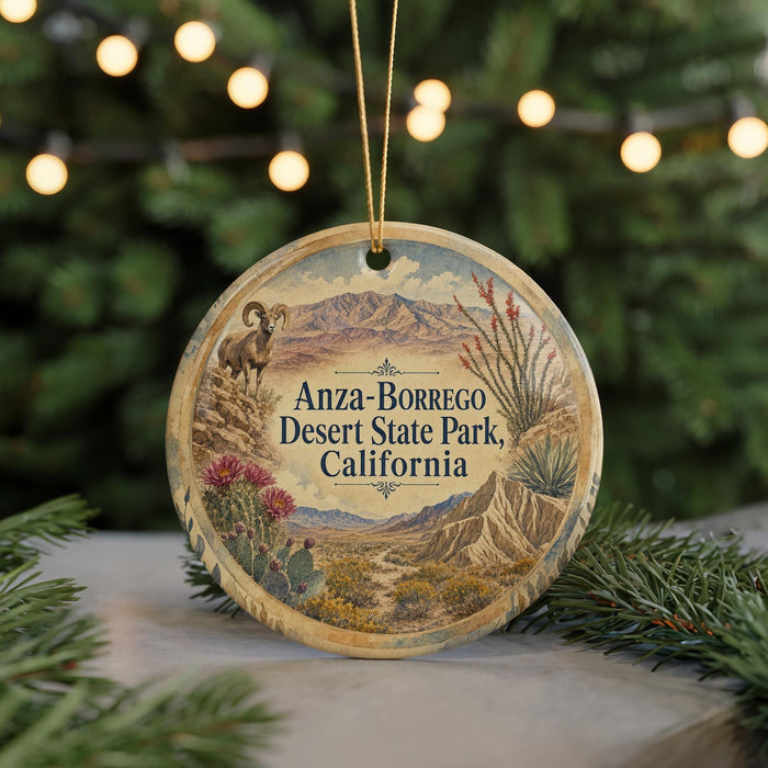 A decorative ornament featuring a desert landscape with mountains, cacti, and a bighorn sheep, hanging from a string.