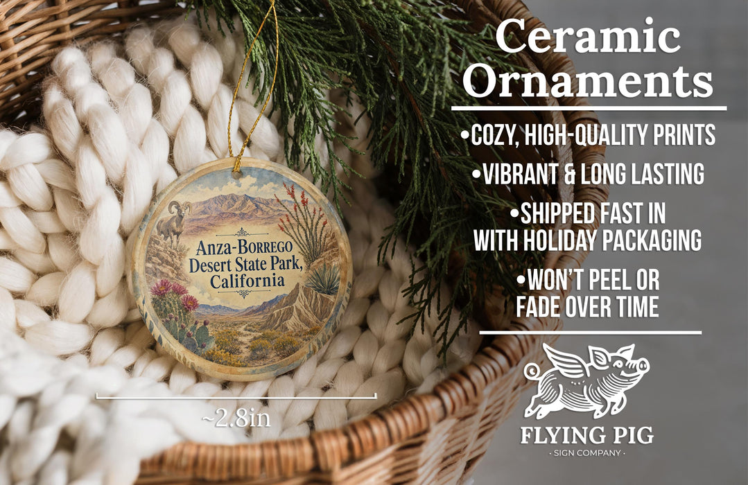 Ceramic ornaments, featuring a desert landscape and a bird, are displayed in a basket.