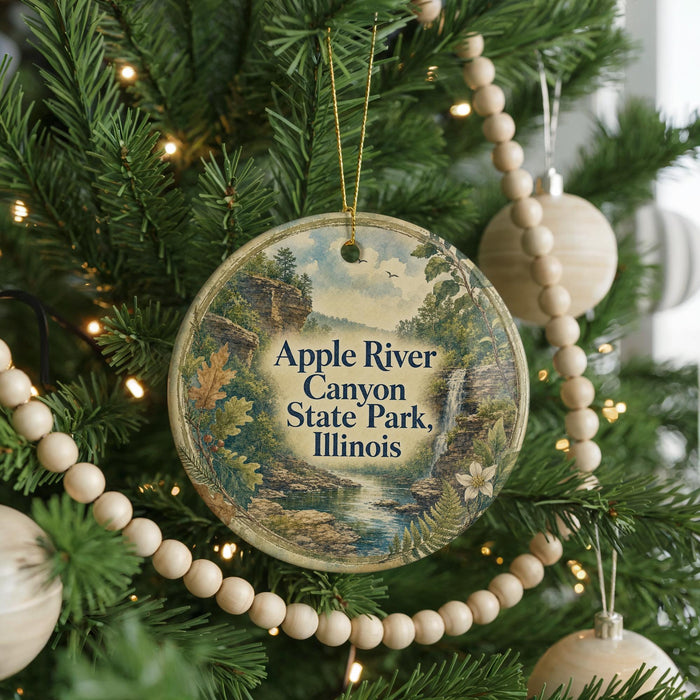 A round ornament hanging on a Christmas tree, featuring a scenic image of the Apple River Canyon State Park in Illinois.