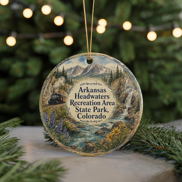 A decorative ornament featuring a scenic landscape with mountains, a waterfall, and a train, hanging from a string.