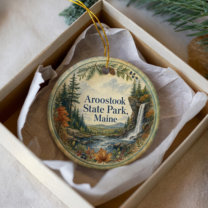 A decorative ornament in a box, featuring a scenic landscape with a waterfall and pine trees.