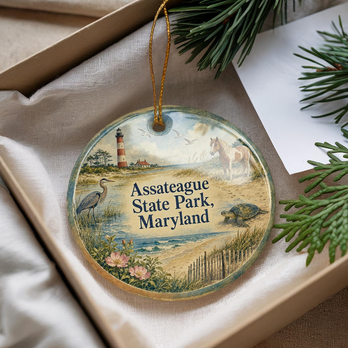 A decorative ornament with a lighthouse and a bird, placed in a box with pine branches.