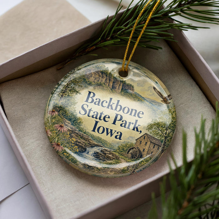 A decorative ornament in a box, featuring a scenic landscape with a river, buildings, and greenery.